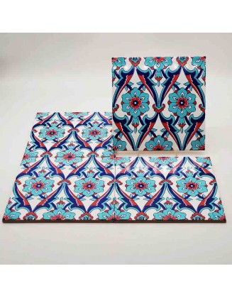 Iznik Ceramic Tiles- Set Of 4 – Red, Navy & Turquoise Floral