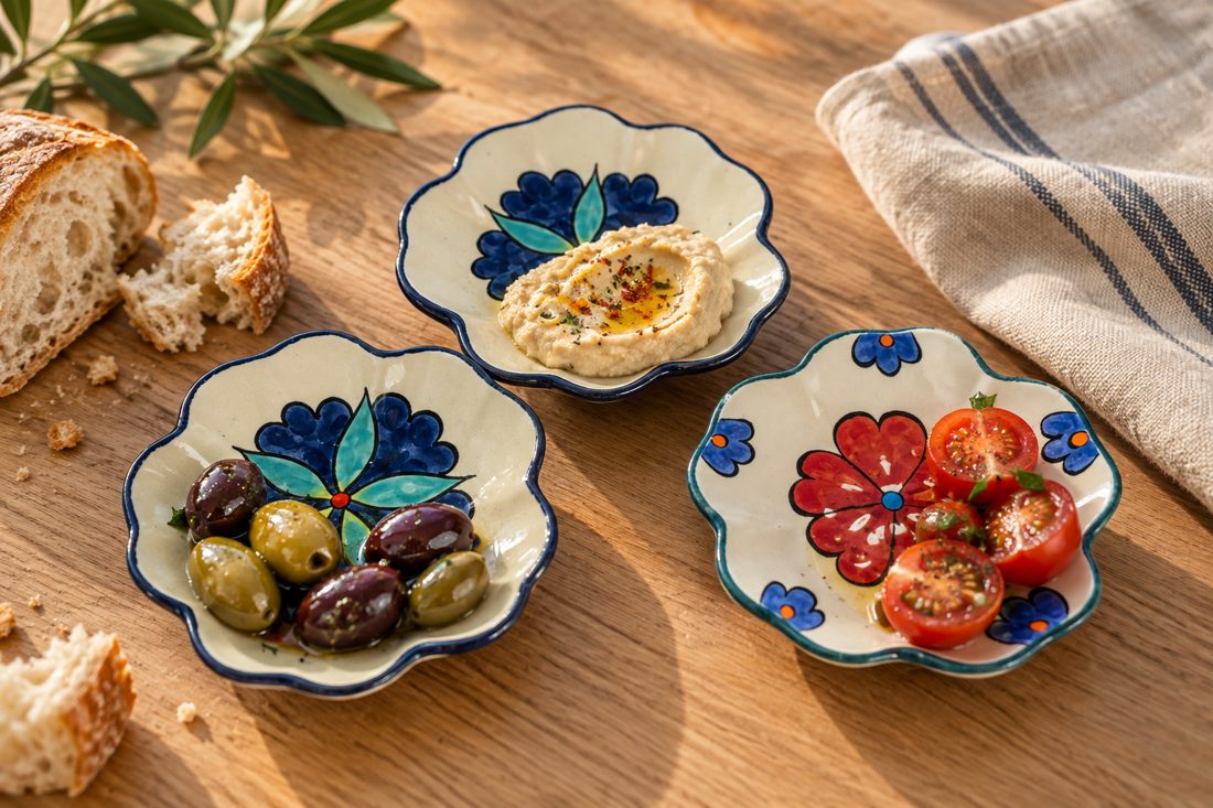 Hand-painted Meze bowls served with olives and dips